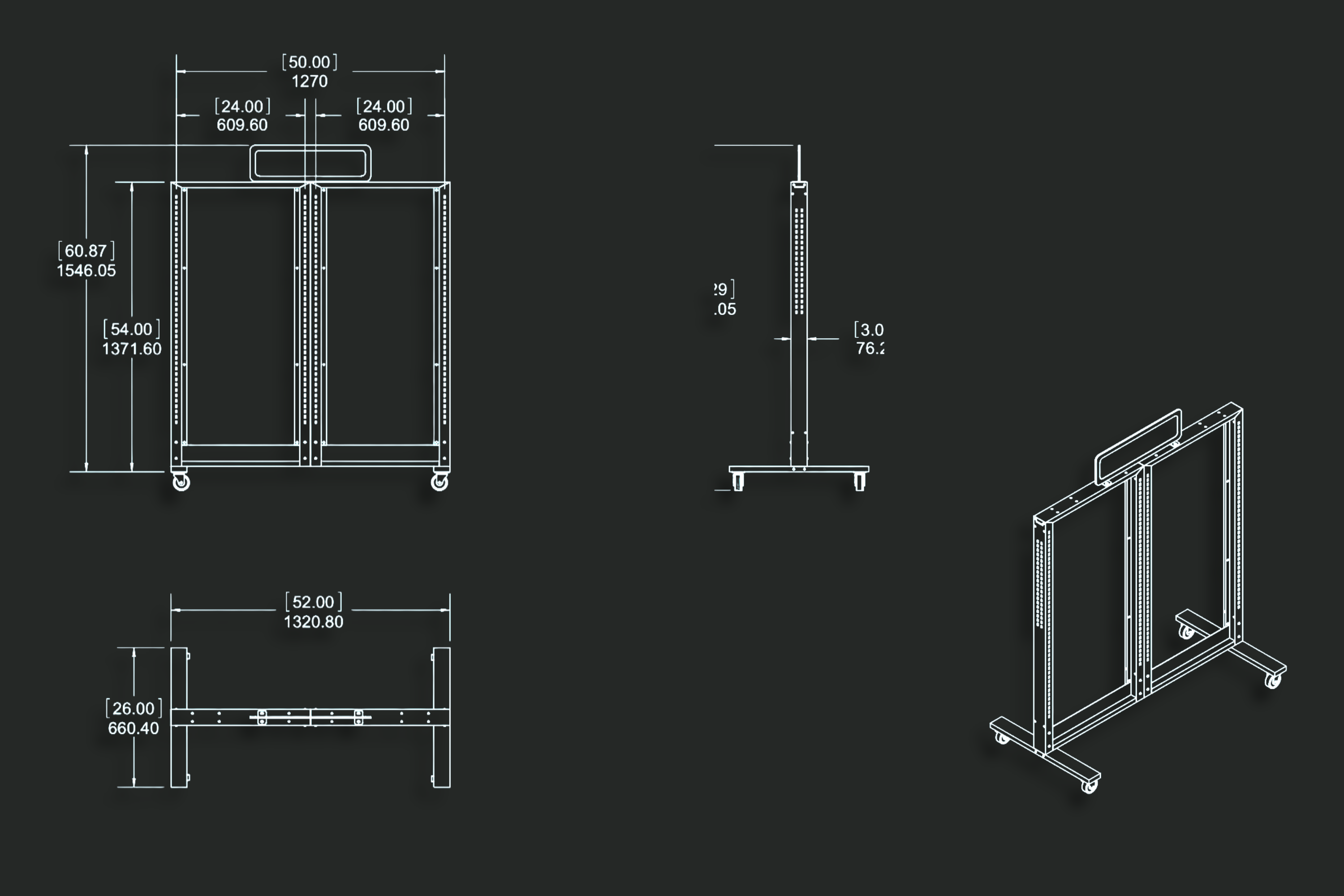 Retail display fixture technical drawings including isometric views, floor plans, and detailed dimensions for mobile display cart system