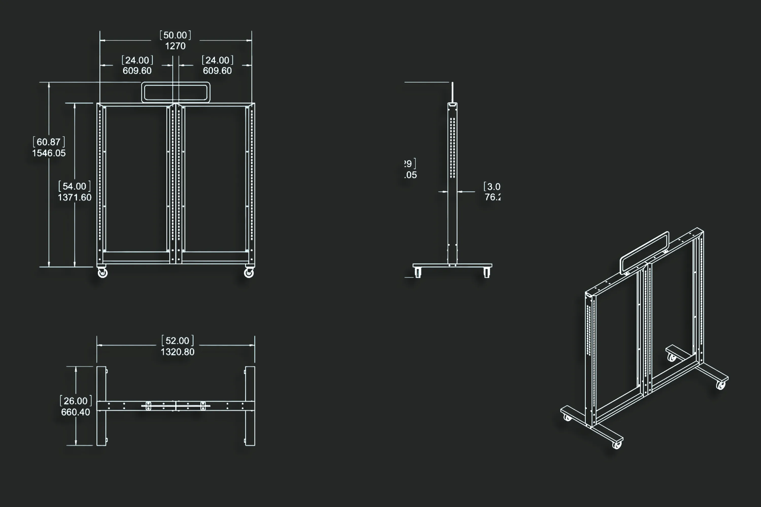 Retail display fixture technical drawings including isometric views, floor plans, and detailed dimensions for mobile display cart system
