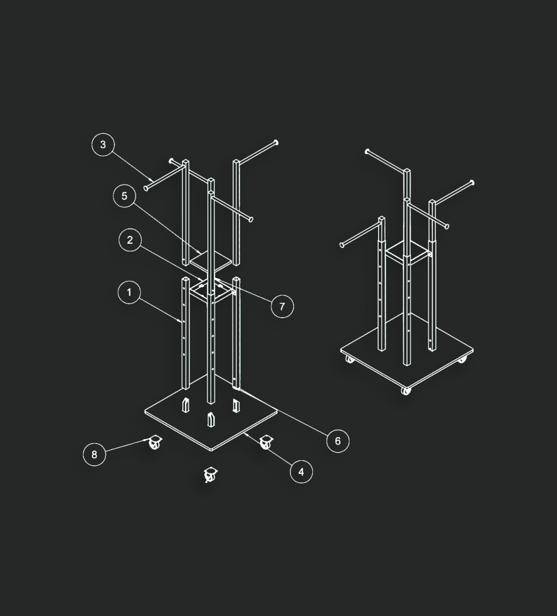 Retail fixture assembly schematic showing structural frame components with numbered parts and assembly instructions