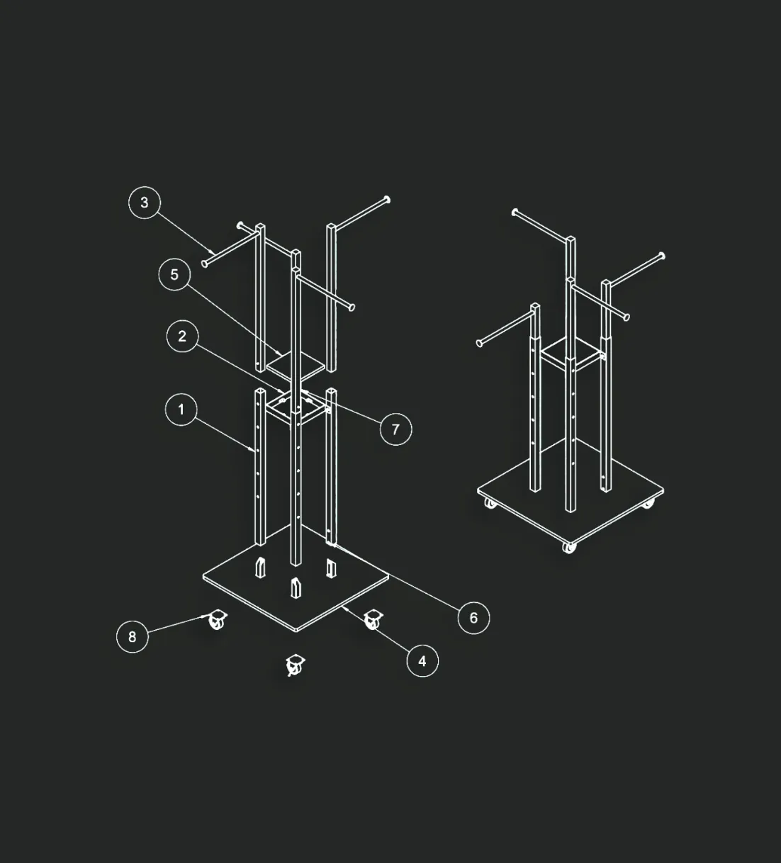 Retail fixture assembly schematic showing structural frame components with numbered parts and assembly instructions