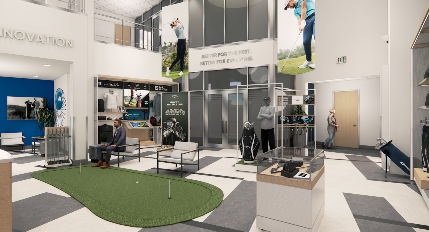 Topgolf Callaway retail environment featuring premium golf club displays, branded merchandising, and customer-focused product presentation