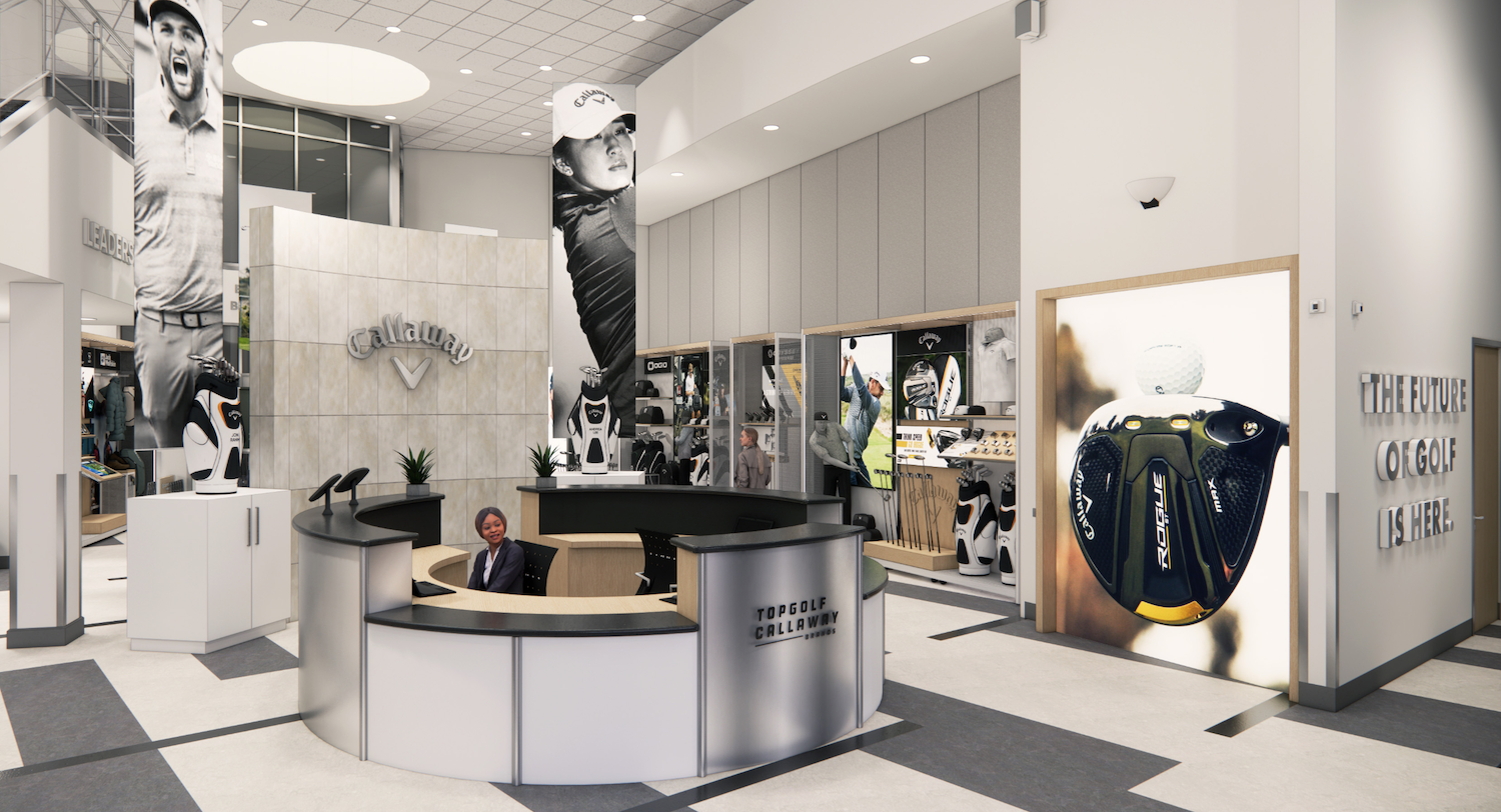 Topgolf Callaway retail display showcasing premium golf equipment, branded fixtures, and organized merchandising for product discovery