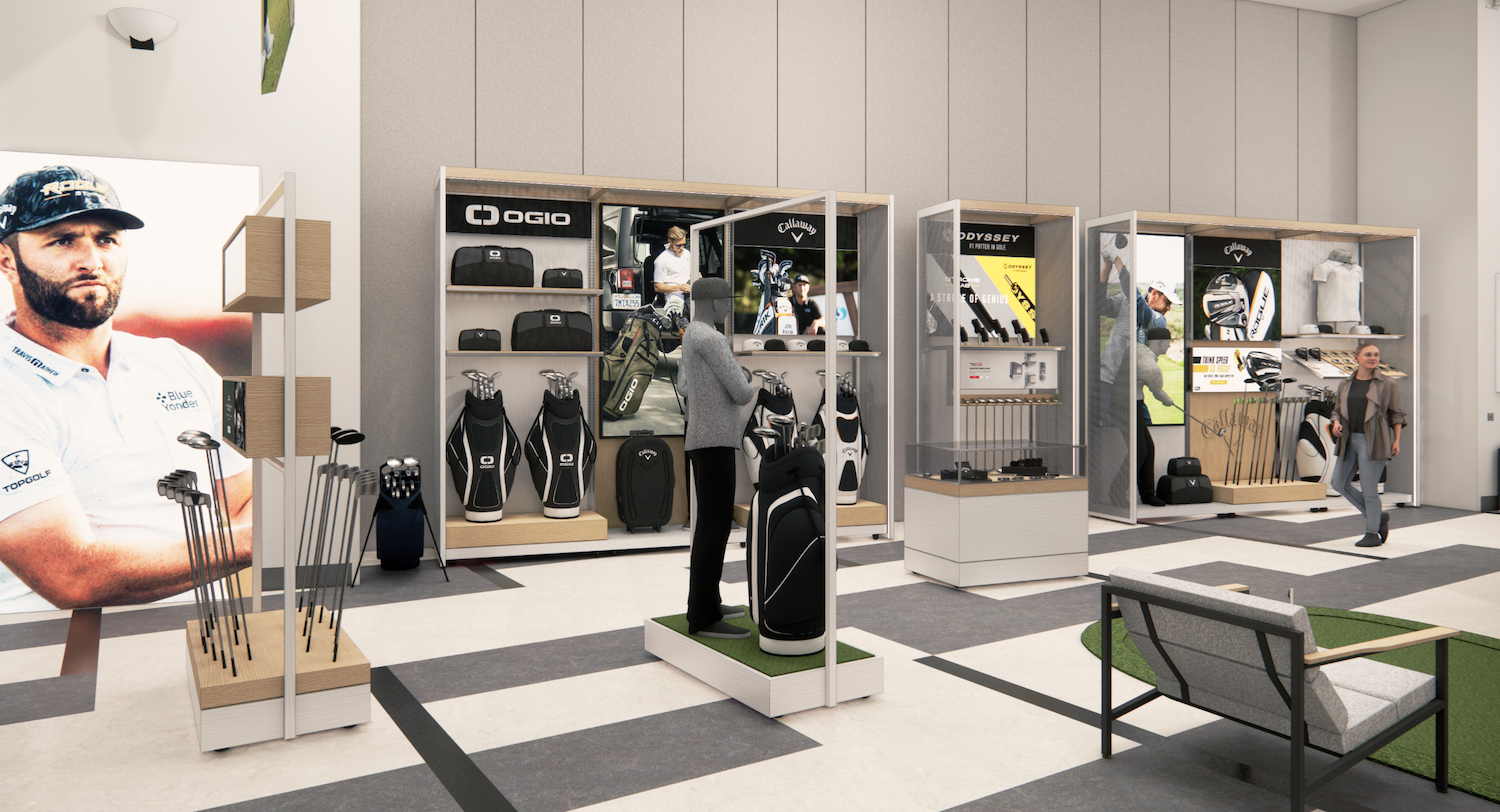Topgolf Callaway in-store fixture with premium club presentation, branded retail systems, and customer navigation-focused layout