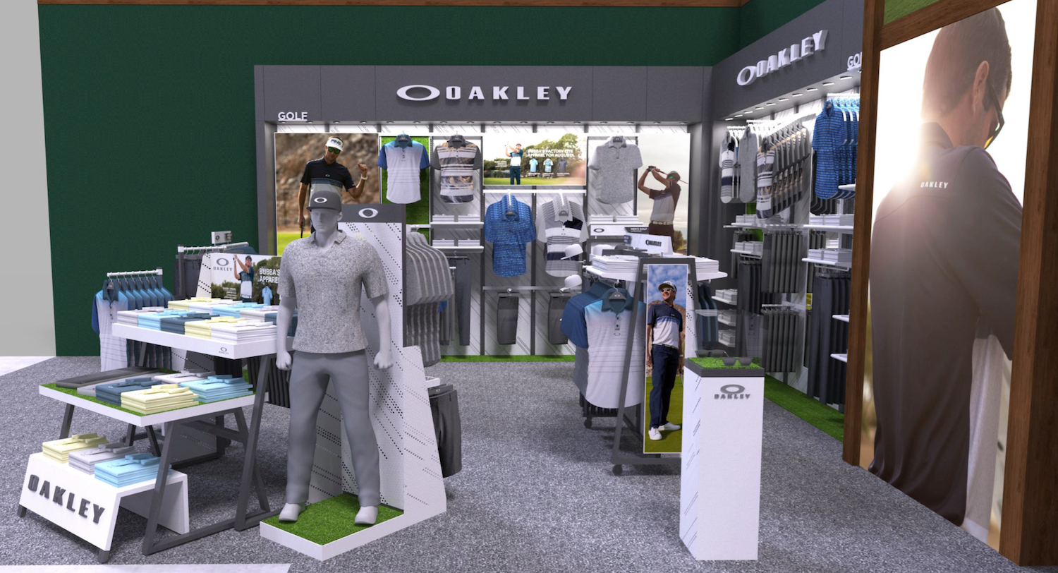 Oakley retail display at Dick’s Sporting Goods featuring premium eyewear presentation, branded merchandising, and customer-focused product visibility