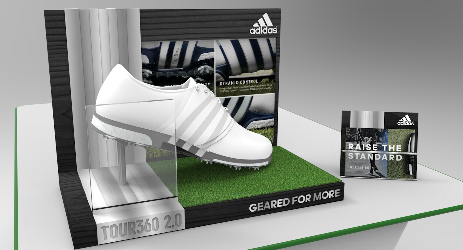 Adidas Golf retail display featuring premium footwear presentation, branded merchandising, and point-of-sale design built for product launch visibility