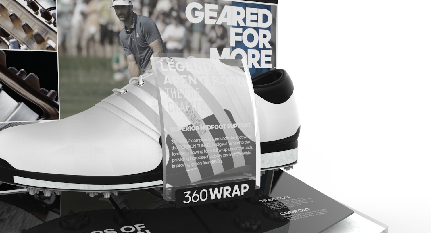 Adidas Golf retail environment with premium footwear displays, branded launch presentation, and merchandising designed to drive customer attention