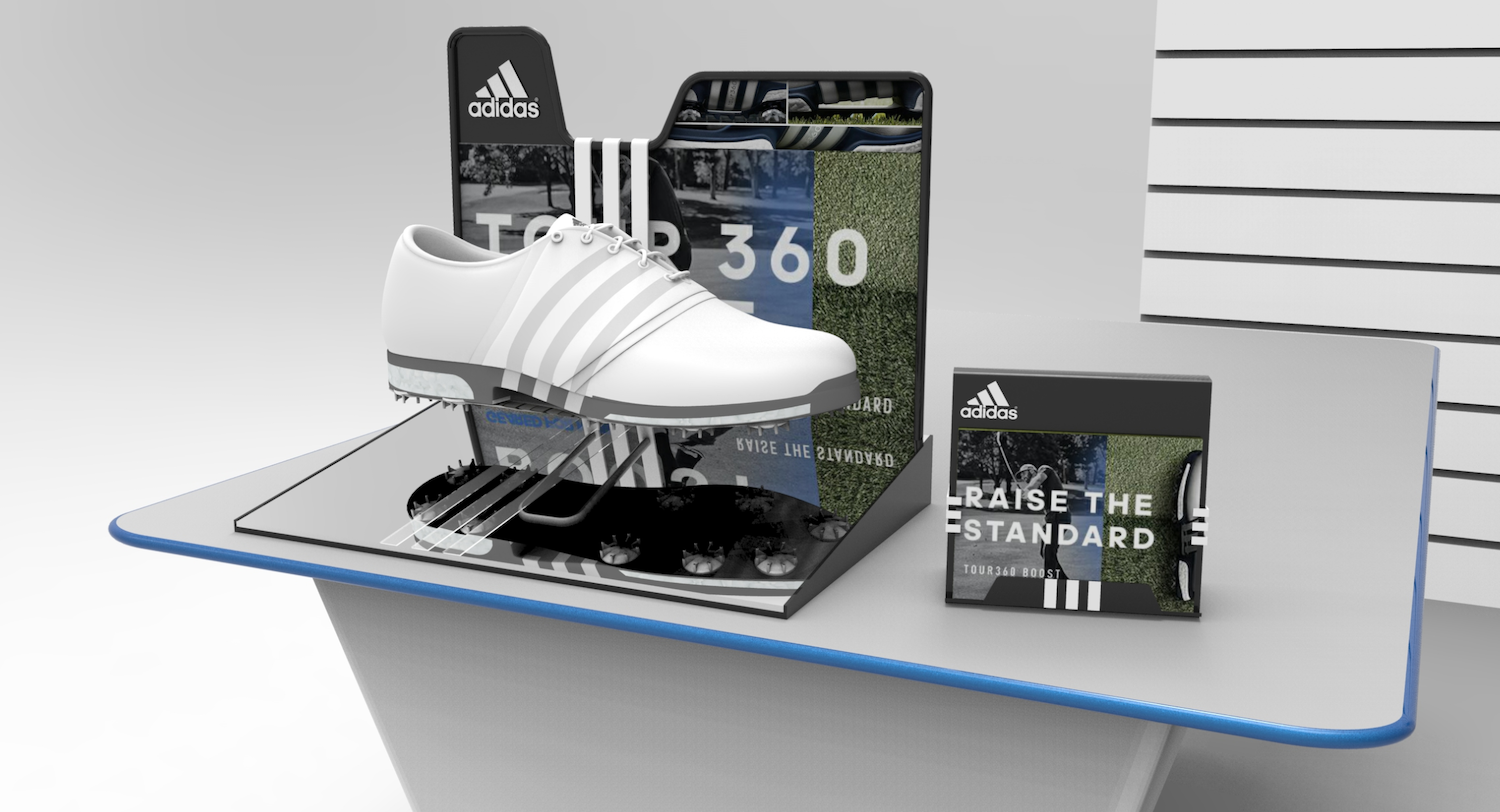 Adidas Golf point-of-sale display showcasing premium golf shoes, branded retail fixtures, and customer-focused product presentation