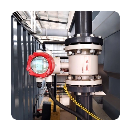 A SUPMEA electromagnetic flow meter featuring a red digital display unit, securely flanged into a dark grey industrial cooling pipeline.