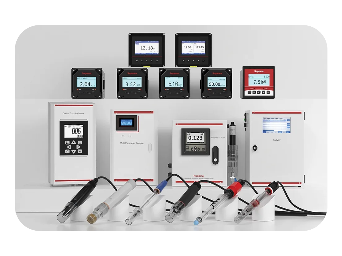 Supmea multi-parameter water-quality systems including digital displays, optical dissolved oxygen sensors, and testing probes for precise aquaculture monitoring.