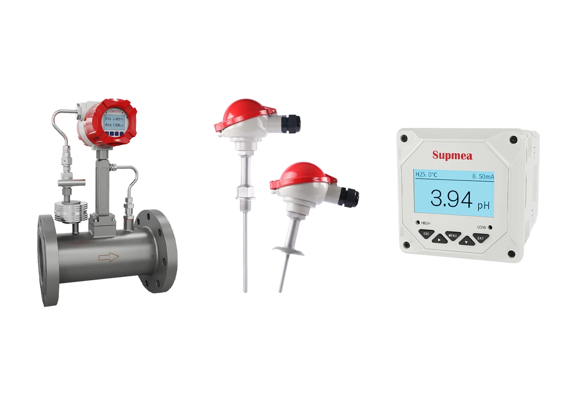 Supmea instrumentation range featuring an electromagnetic flow meter, temperature sensors, and a digital pH controller for reliable aquaculture process control.