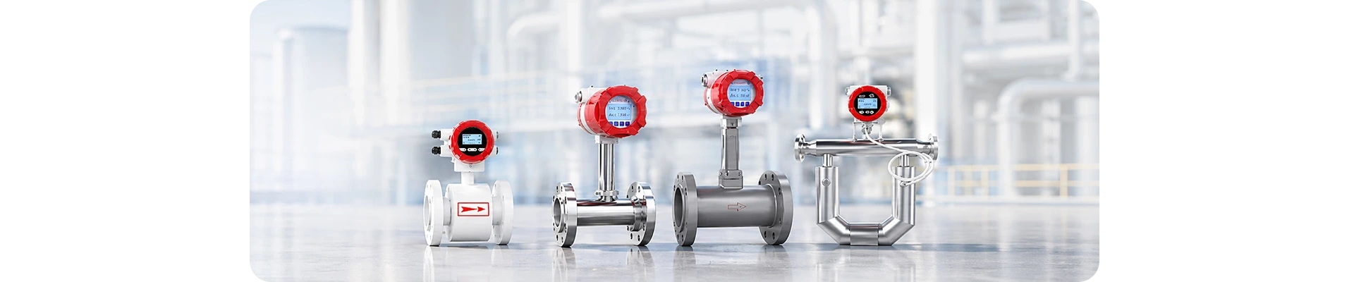 4 industrial Supmea flow meters, including electromagnetic, turbine and Coriolis designs, against a blurred process plant background.