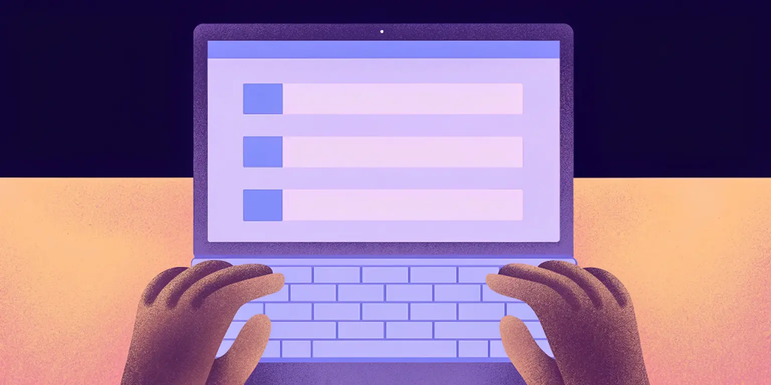 Illustration of a laptop, with hands on the keyboard