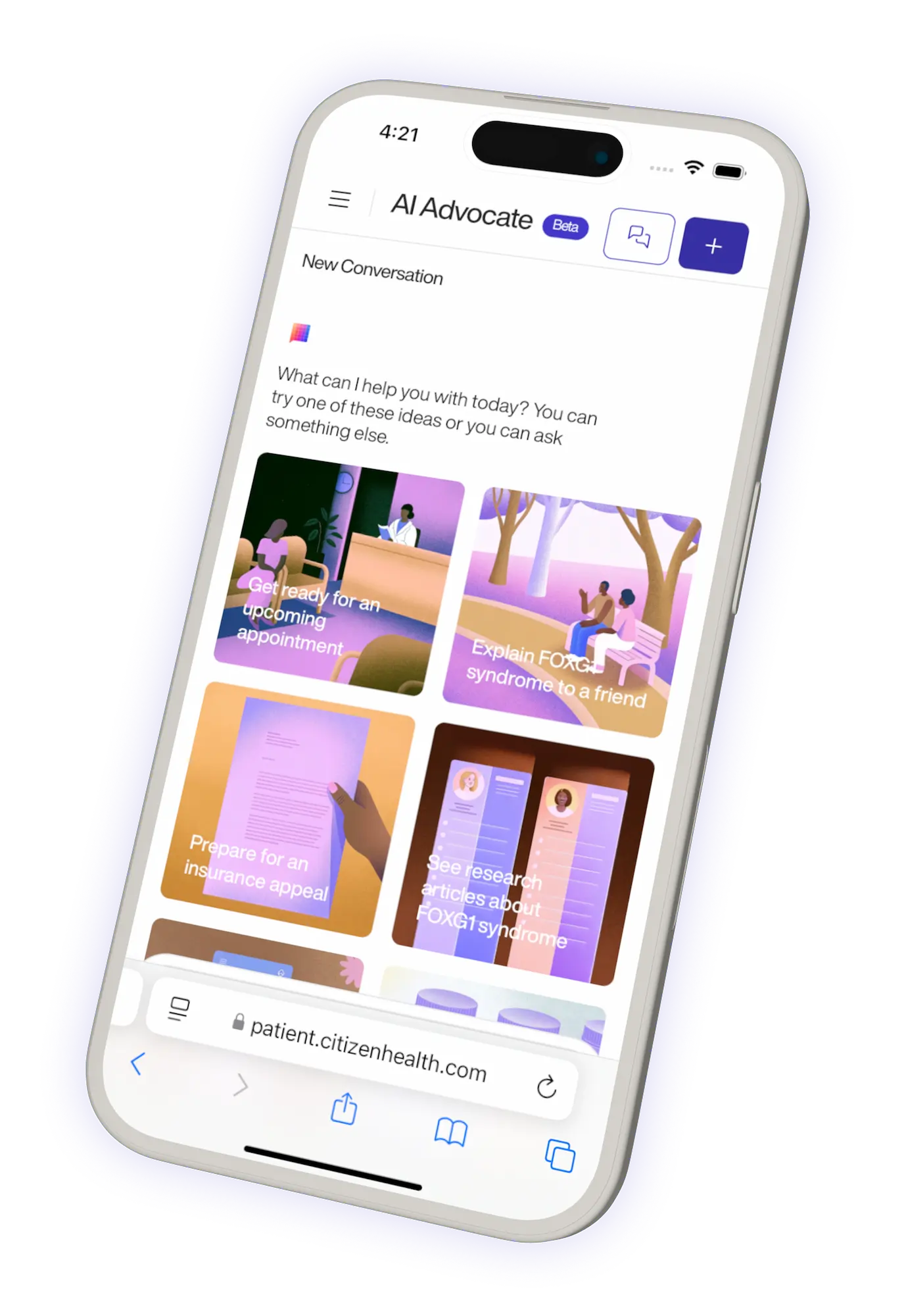 A phone showing the Citizen Health AI Advocate interface on the screen. The screen reads "What can I help you with today? You can try one of these ideas or you can ask something else."