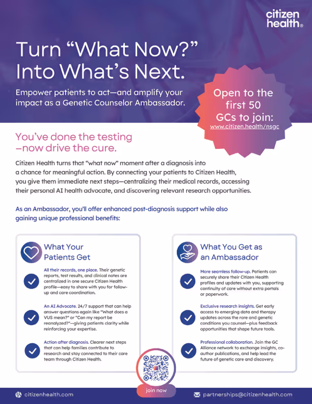 A flyer describing Citizen Health's genetic counselor ambassador program