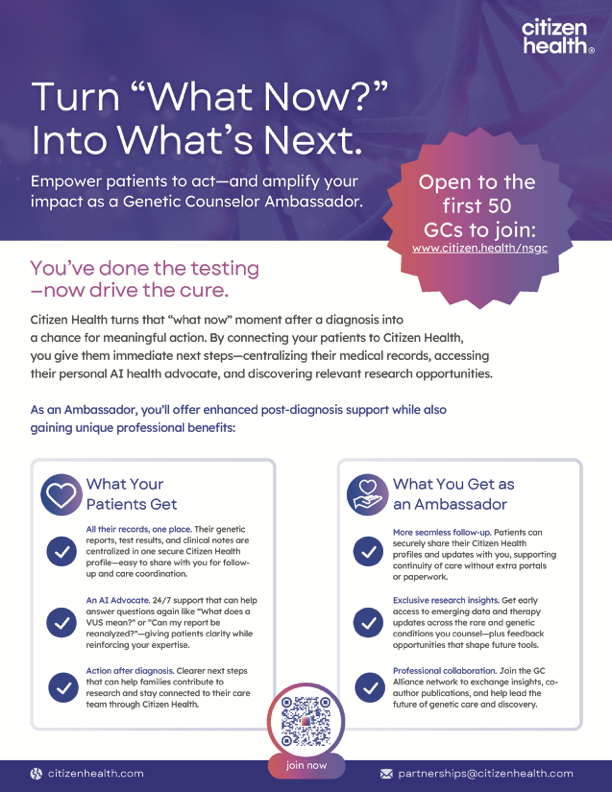 A flyer describing Citizen Health's genetic counselor ambassador program
