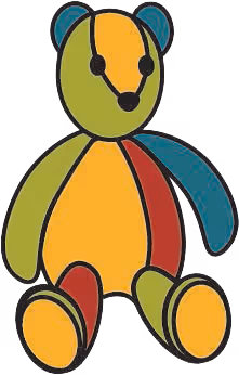 Colorful teddy bear illustration with green, yellow, red, and blue body parts outlined in black.