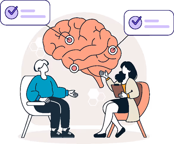 Illustration of a therapist speaking with a patient, with a large brain diagram showing highlighted areas and checkmark notes around it.