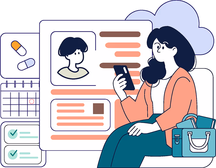 Illustration of a woman sitting with a phone in hand, surrounded by medical icons including a calendar, pills, and a patient profile card.
