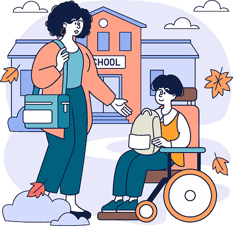 Woman with a bag reaching out to a smiling child in a wheelchair holding a backpack in front of a school building.