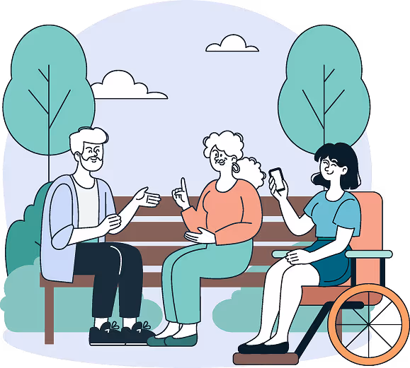 Three people having a conversation on a bench outdoors, including one woman in a wheelchair holding a smartphone.