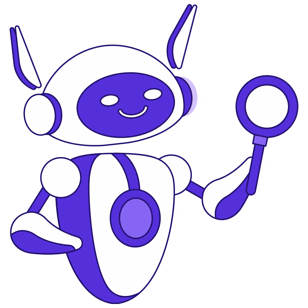 Friendly cartoon robot with purple and white body holding a magnifying glass.