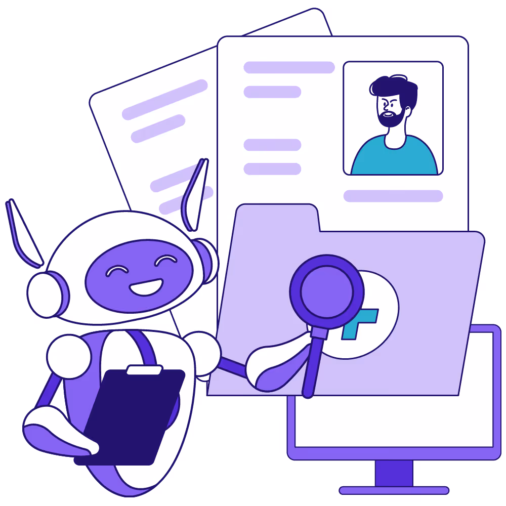 Smiling robot holding a clipboard and a magnifying glass in front of a computer screen displaying a folder with a profile picture and documents.
