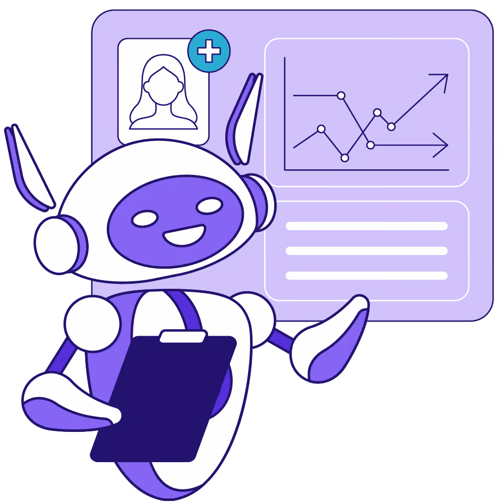 Smiling robot holding a clipboard gesturing towards a dashboard with a user profile icon and line charts.