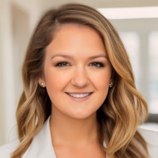 Smiling woman with long wavy blonde hair wearing a light-colored blazer in a softly lit indoor setting.