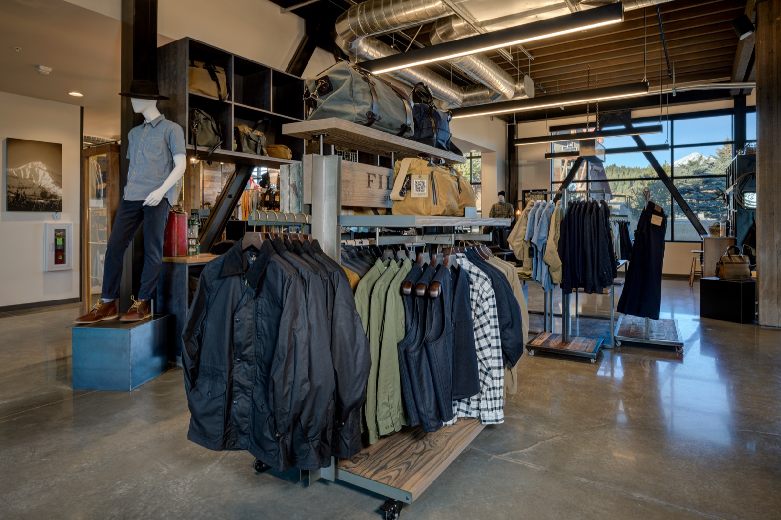Filson retail floor shelving designed and built by Lotus United