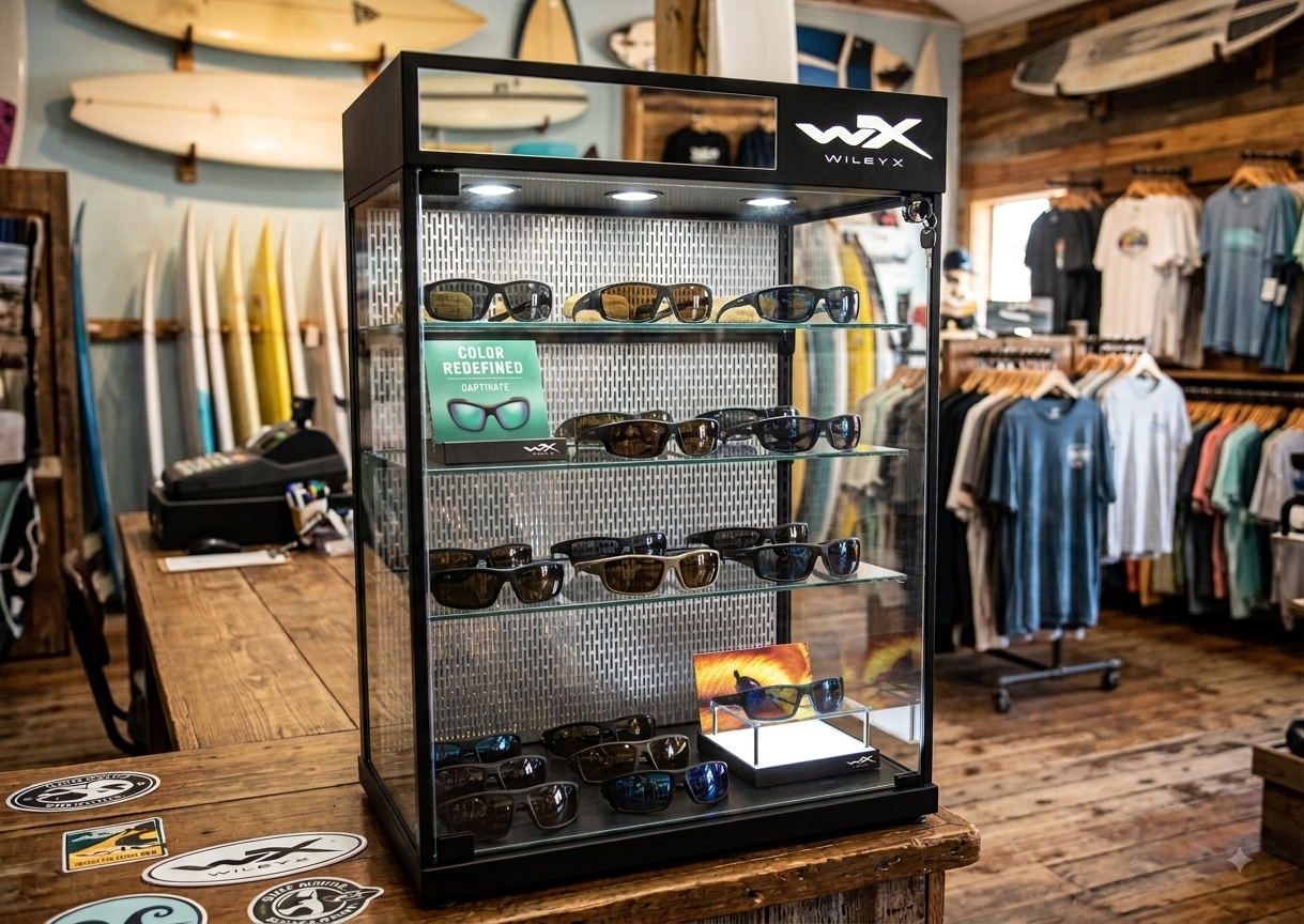 Wiley X sunglass display case on a wooden counter inside a surf shop featuring polarized performance sunglasses and surfboard displays.