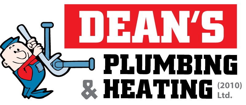 Cartoon of a smiling handyman holding a pipe wrench next to the bold red and white text 'DEAN'S'.