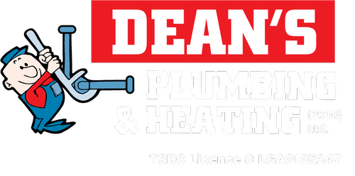 Logo for Dean's Plumbing & Heating featuring a cartoon plumber holding a pipe wrench.
