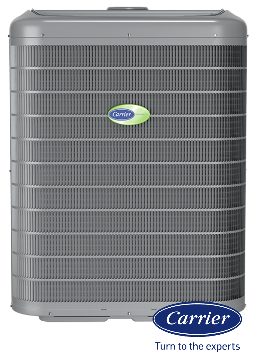 Gray Carrier air conditioning unit with Carrier logo and the slogan 'Turn to the experts.'