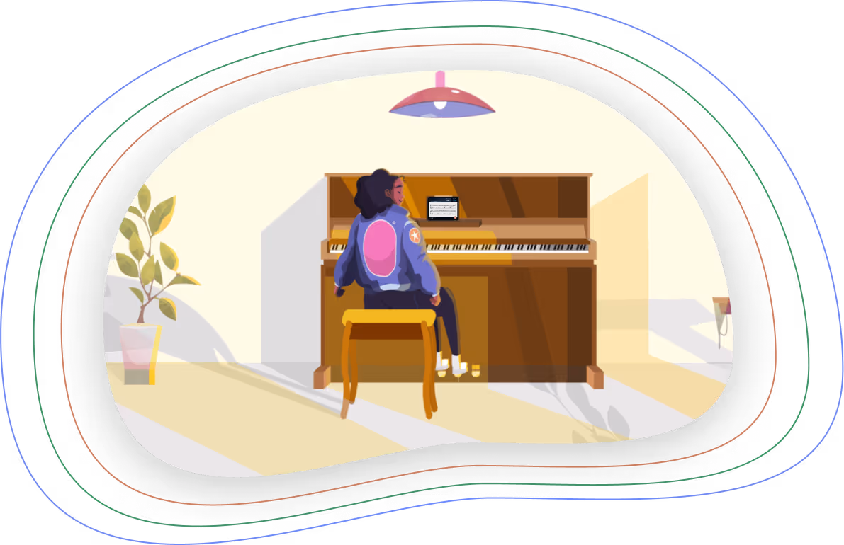 A young, hip woman sits on a piano bench with a tablet showing MuseFlow's app, ready to start learning piano.