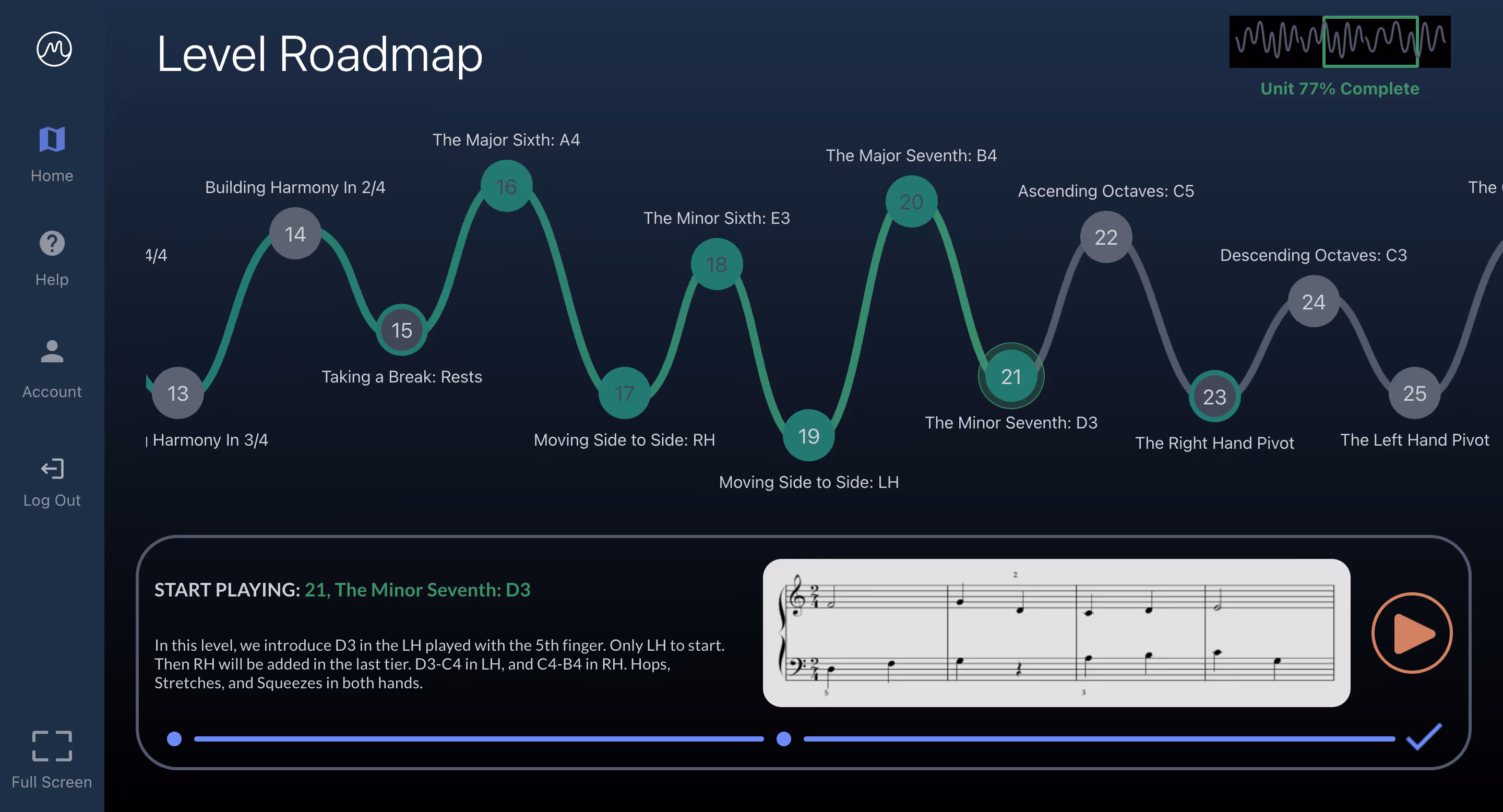 MuseFlow has a level roadmap that gamifies music education with just-in-time learning and flow state at its core.