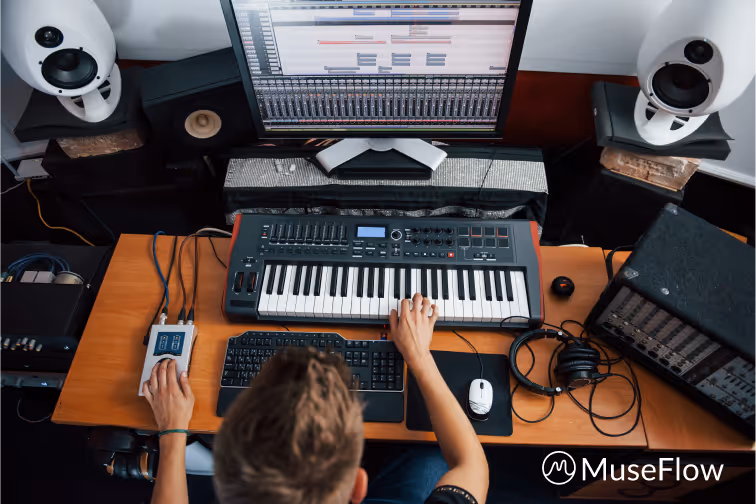 Connecting MIDI keyboard USB cable to laptop for MuseFlow app setup.