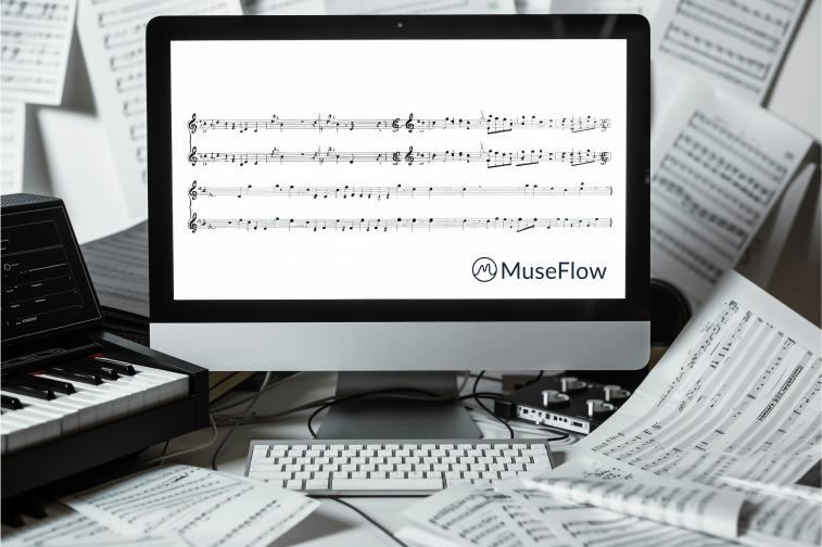 A MIDI keyboard next to music notation software for composers.s