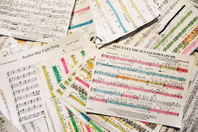 Close up of complex piano sheet music for sight reading practice.