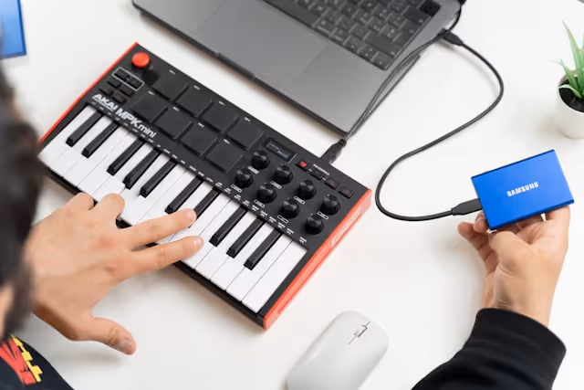 MIDI keyboard controller connected to laptop running piano learning software.