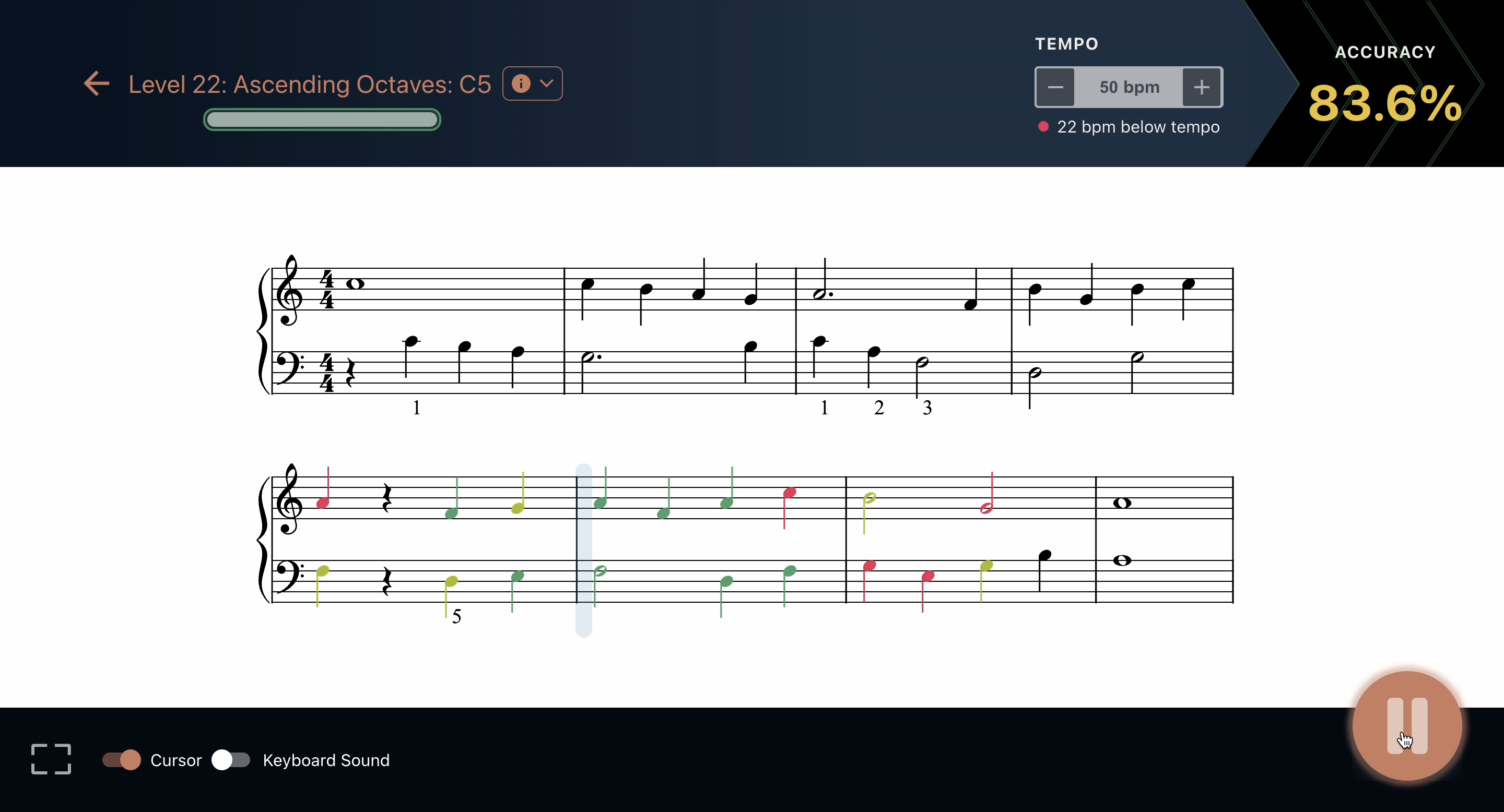 MuseFlow showing real-time piano accuracy and tempo feedback.
