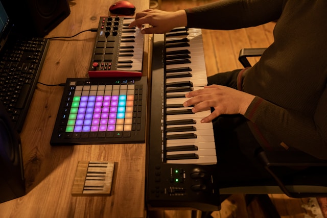 MIDI keyboard connected to a laptop for digital music creation.