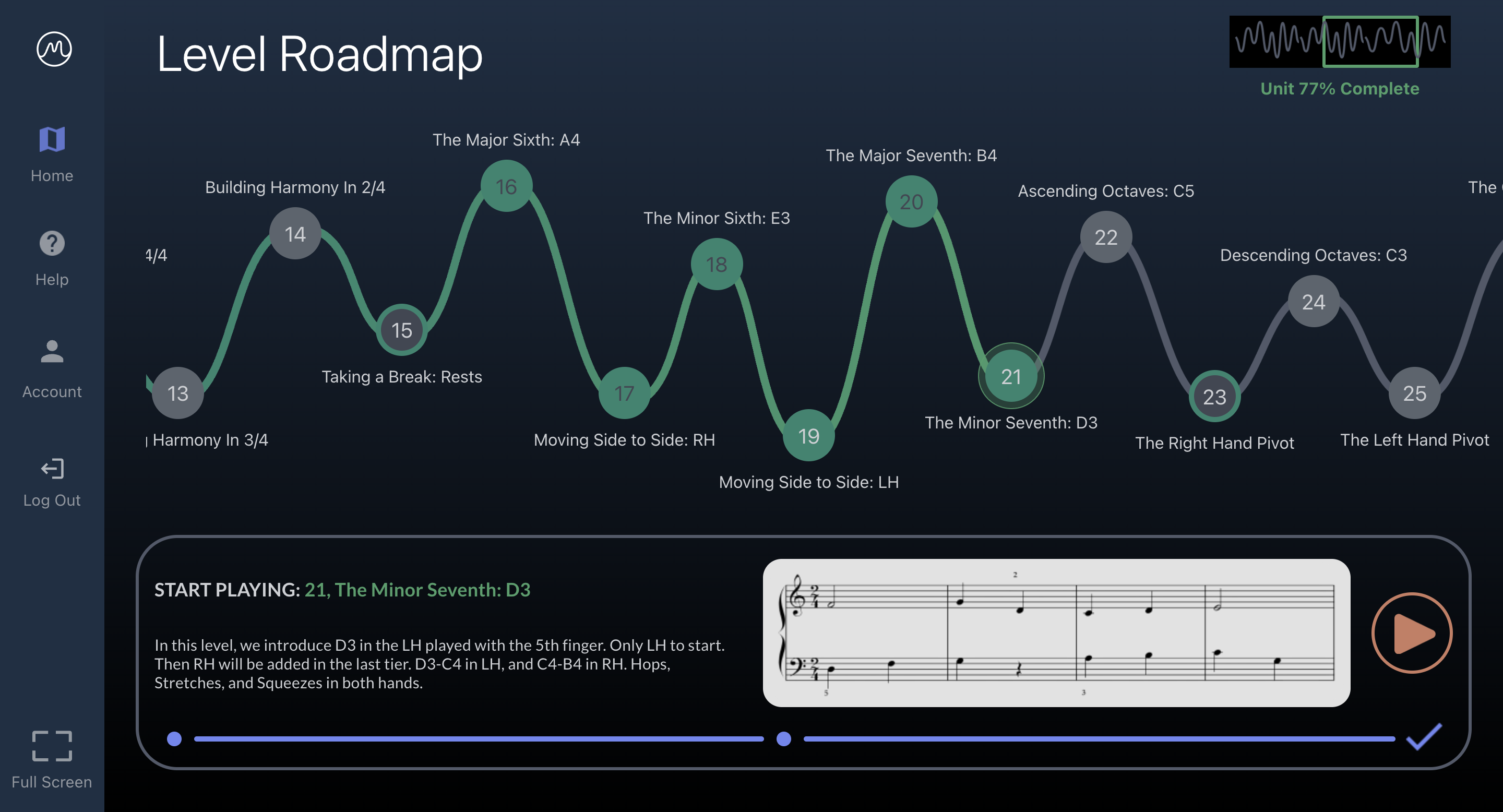 useFlow level roadmap showing lesson progression and sheet music.
