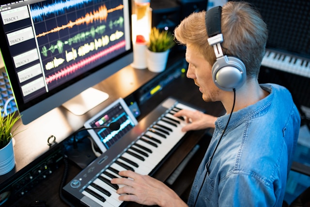 Person learning piano on a MIDI keyboard connected to a laptop using piano learning software.