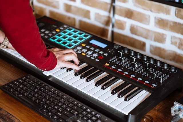 Compact digital piano set up in a home workspace.