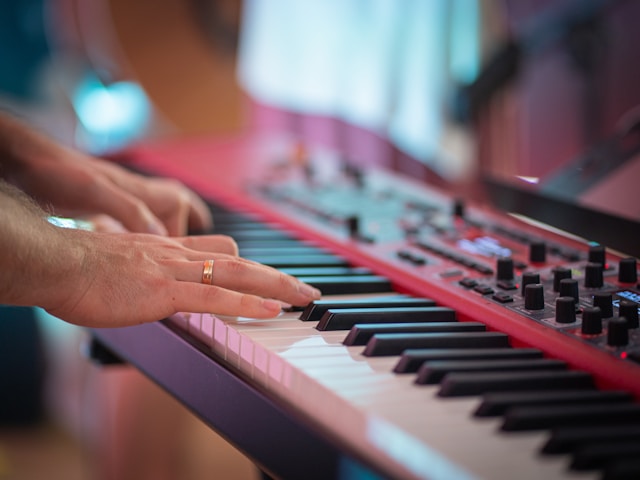 Compact digital piano in a home practice space.