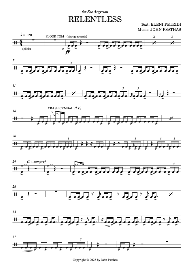 Relentless for solo percussion, audio, and projected text by John Psathas, image 1 of 1