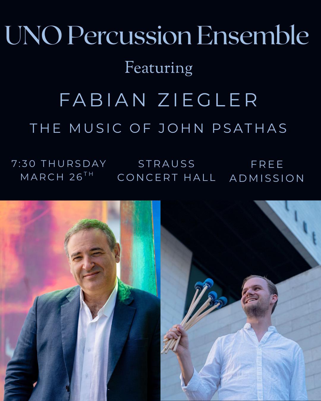 Fabian Ziegler and UNO Percussion perform Jettatura, Atalanta, Kyoto, Relentless, RealBadNow, and Koolish Zein in Omaha