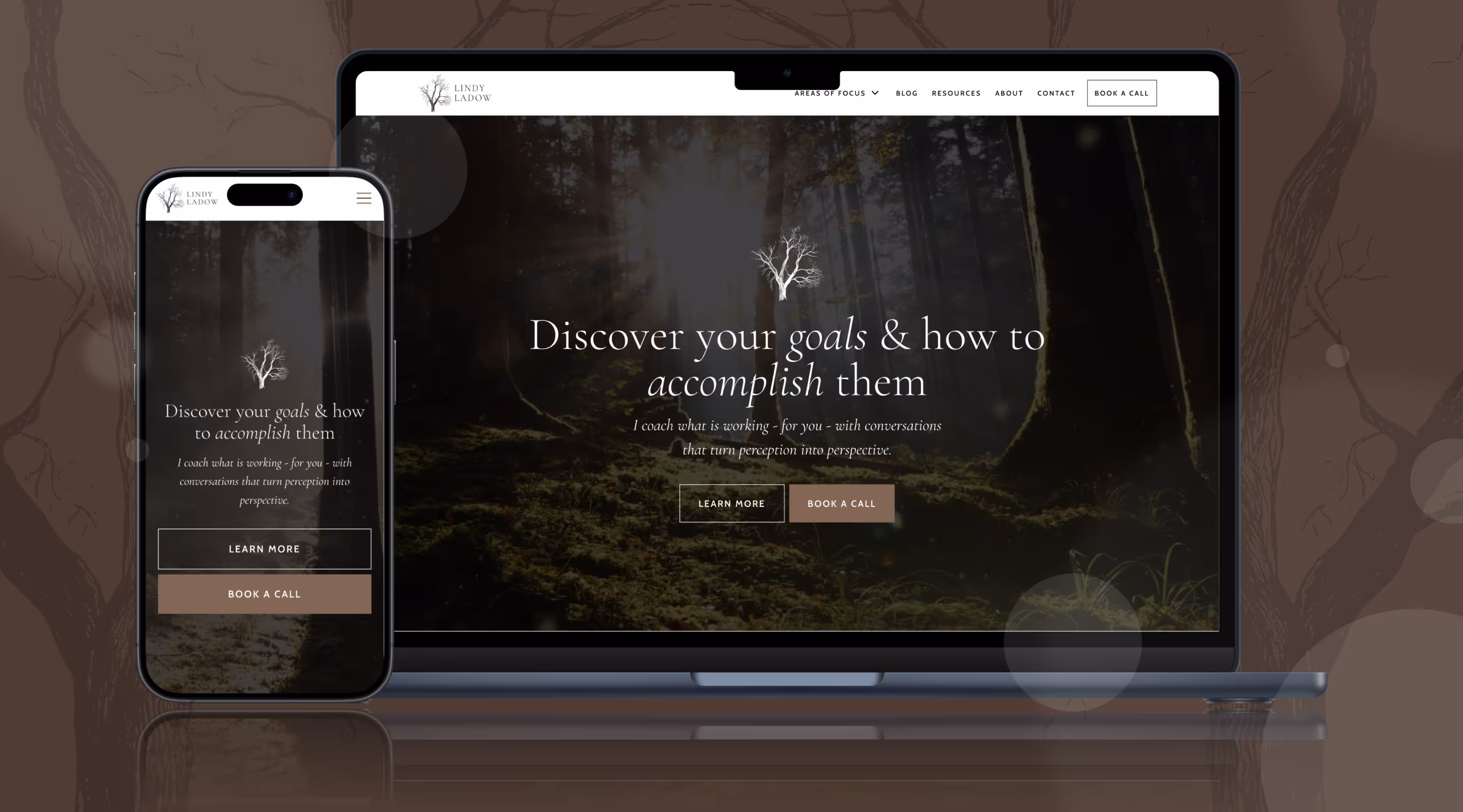 Coach Lindy LaDow website design displayed on a laptop and phone.