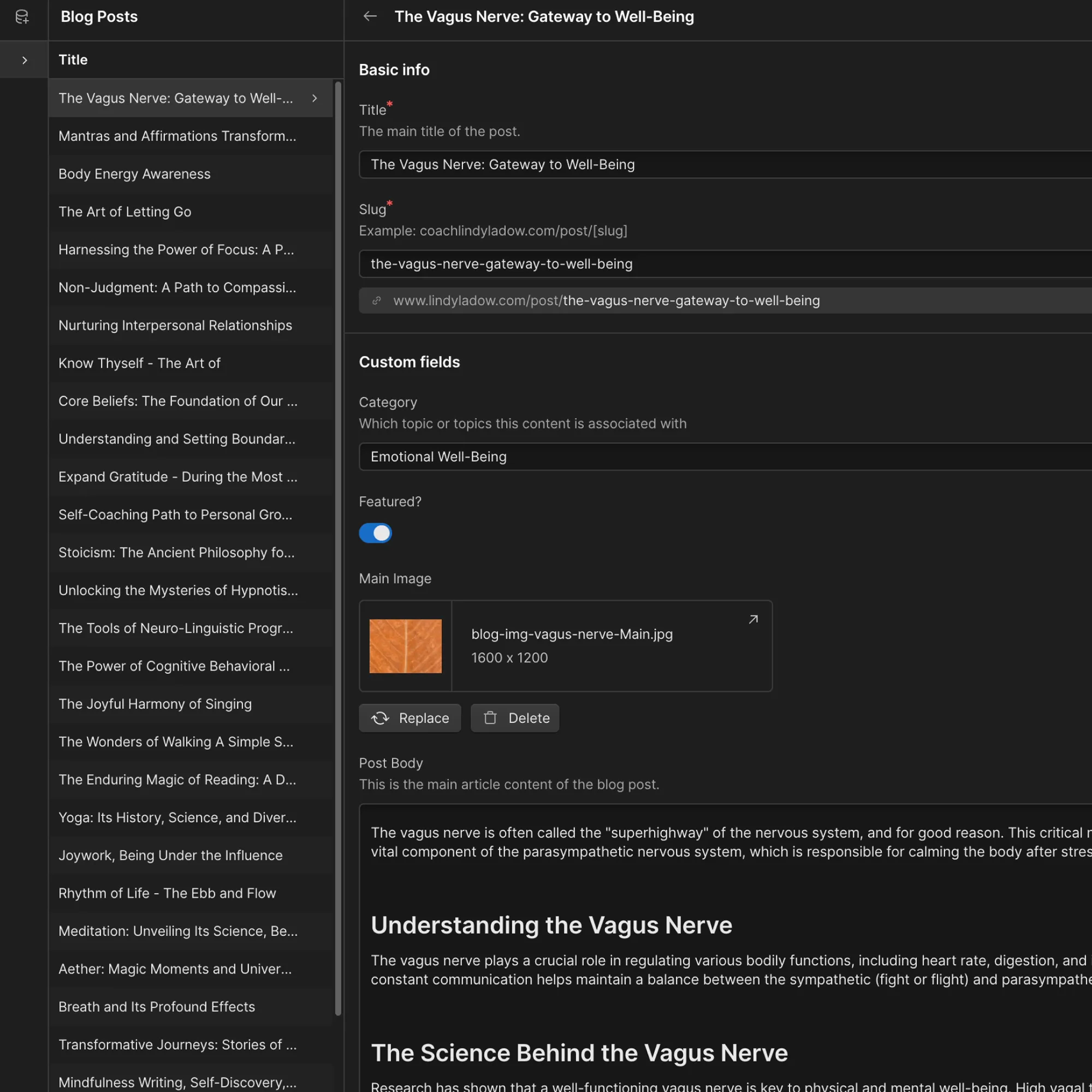 Screenshot of the Coach Lindy LaDow CMS.