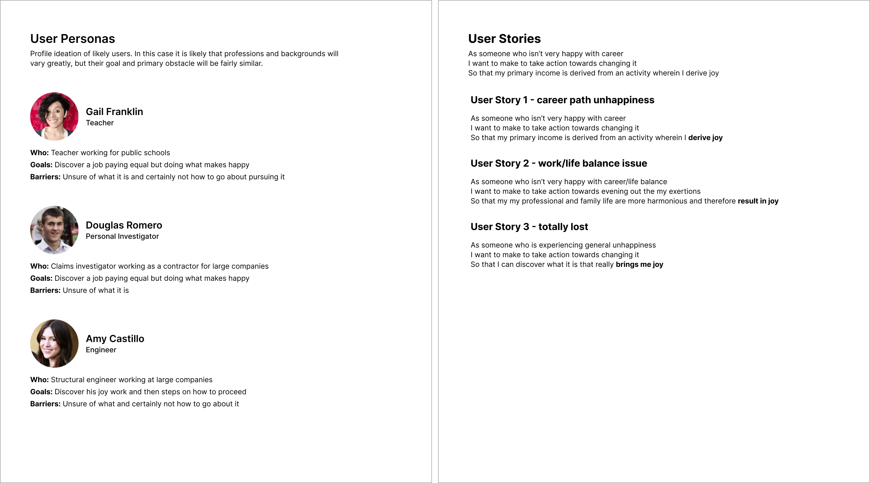 User personas and stories in preparation for designing the Coach Lindy LaDow website.